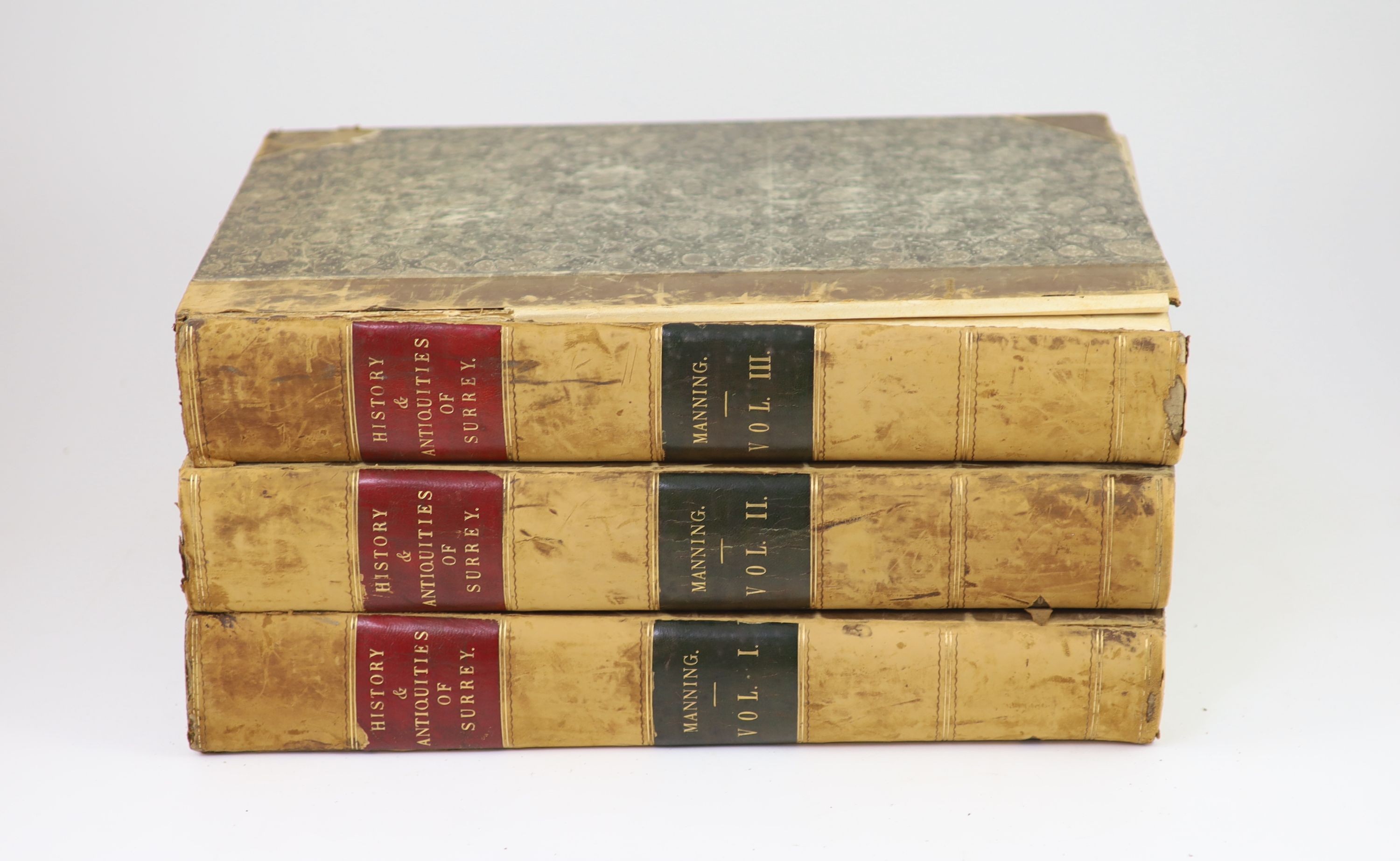 Manning, Owen and Bray, William- The History and Antiquities of the County of Surrey, 3 vols, 1st edition, folio, contemporary half calf with later gilt labels, with 2 folded maps, folded tables and 84 plates (including